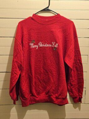 Crowders Creek Sweatshirt Womens L Red Merry Christmas Yall Embroidered Holly